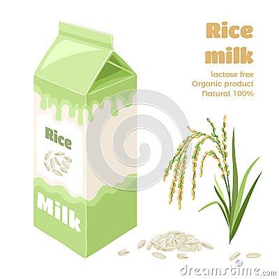 Rice milk in carton box isolated on white background. Vector illustration of plant-based drink, rice spike and grains Vector Illustration