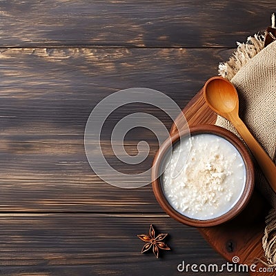 Rice milk porridge in a wooden plate Stock Photo