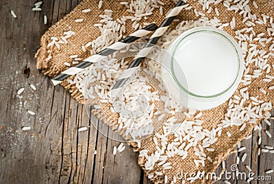 Rice milk, with rice grains Stock Photo