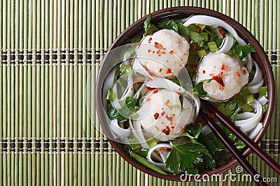 Rice noodle soup with fish balls top view Stock Photo