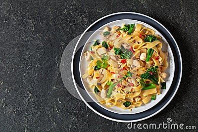 rice noodles with chicken, eggs, chinese broccoli Stock Photo