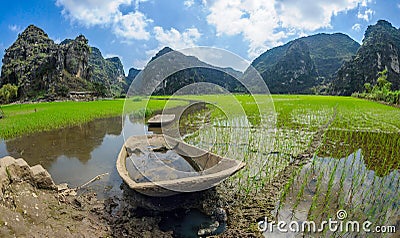 Rice paddy skiff in ninh binh,vietnam Stock Photo