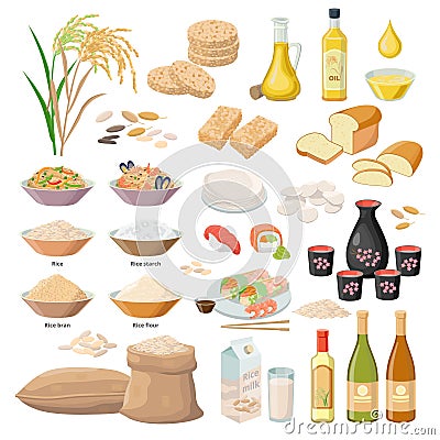 Rice products, food from rice, oil, flour, bran, starch, milk, Puffed rice, popped rice cakes, Sake, wine , bread, sushi Vector Illustration