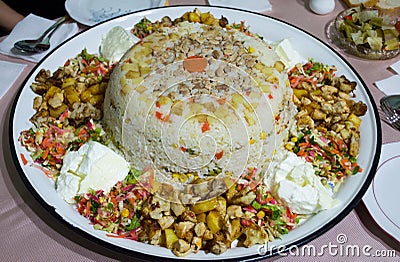 Rice Risotto with chicken meat, potato, green pea, carrot, sliced tomato and yoghurt on tray Stock Photo