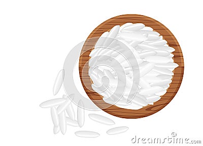 Rice seed raw on circle wood plate, isolated on white, grains rice and paddy seed on wooden tray, pile rice grains, illustration Vector Illustration