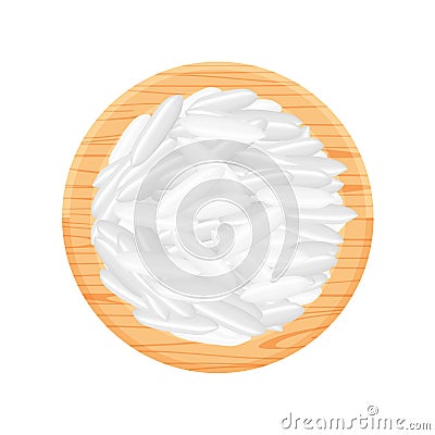 Rice seed raw on circle wood plate, isolated on white, grains rice and paddy seed on wooden tray, pile rice grains, illustration Vector Illustration