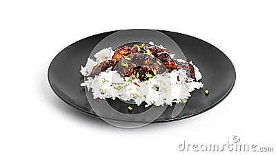 Rice with spicy chicken in sweet and sour sauce with chili pepper. Teriyaki chicken with sesame seeds. Isolated on white Stock Photo
