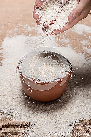 Rice in spoon and bowl. Jasmine Rice, Thai Rice, White Rice. Stock Photo