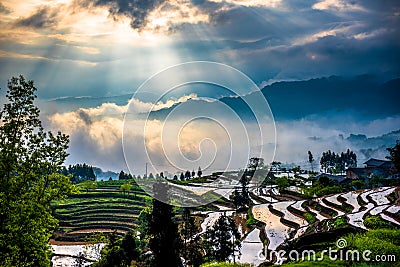 Rice terraces and diffraction light Stock Photo