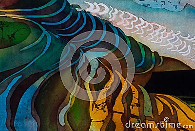 Rice terraces, fragment, hot batik, handmade abstract surrealism art on silk Stock Photo