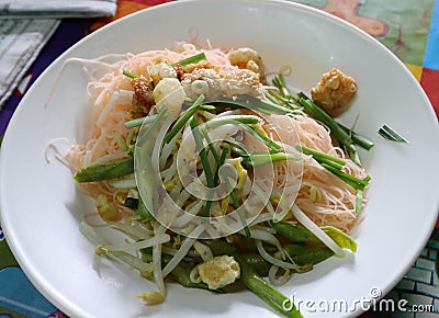 Rice Vermicelli mixed with seasonings and vegetables, local wisdom, Laplae province, Uttaradit Province, Thailand, called Mee Kud Stock Photo