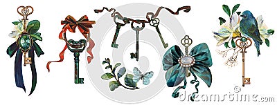 Rich antique keys, jewelry compositions, brooches, bows, keys, flowers, bird Stock Photo