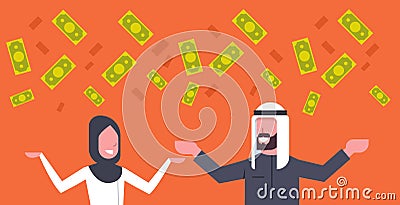 Rich Arab Couple Business Man And Woman Throwing Money Up Muslim Financial Success Concept Vector Illustration