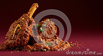 rich and aromatic mutton curry on a deep red background - generated using ai Stock Photo