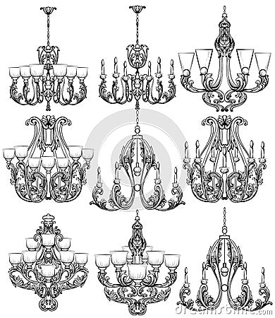 Rich Baroque Classic chandelier set. Luxury decor accessory design. Vector illustration sketch Vector Illustration