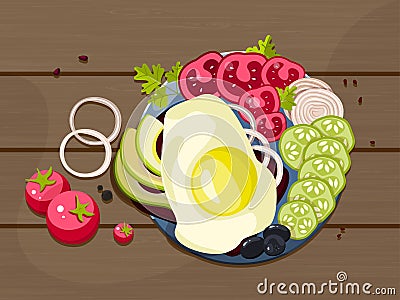 A rich breakfast of fried eggs and fresh vegetables. Food on a plate - top view. Breakfast is served. Vector Illustration