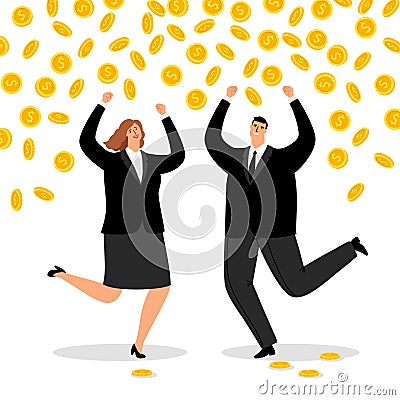 Rich business couple. Money rain for happy office woman and businessman, cash money flow for winning successful vector Vector Illustration