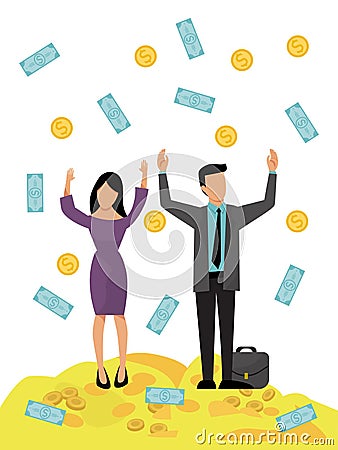 Rich business couple money rain vector illustration. Man and woman financial success. Happy successful businessmen money Vector Illustration