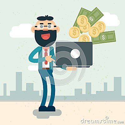 Rich Business Man Hold Laptop Throwing Money Vector Illustration