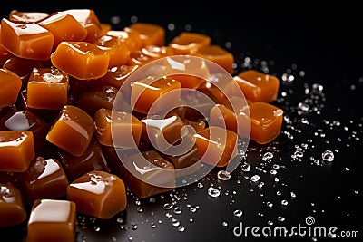 Rich caramels tempt on a dark background, ideal for text Stock Photo