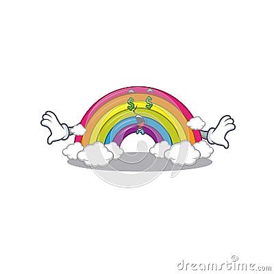 Rich cartoon character design of rainbow with money eyes Vector Illustration