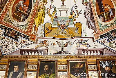 Rich decorated ceiling of the Uffizi Gallery in Florence, Italy Editorial Stock Photo