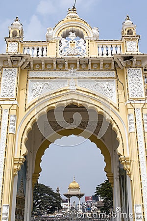 Rich decorated entrance gate of Maharadja's palace in Mysore, Karnataka, India Editorial Stock Photo
