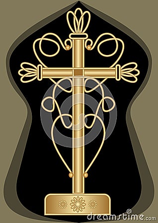 Rich decorated funereal motif with cross, art deco design, symmetrical filigree design on black background, gorgeous victorian bur Vector Illustration