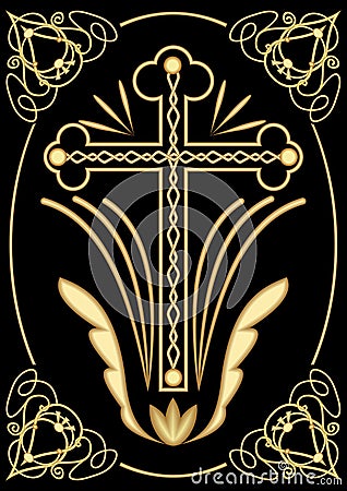 Rich decorated funereal motif with cross, art deco ornamets, symmetrical filigree design on black background, decoration for digni Vector Illustration