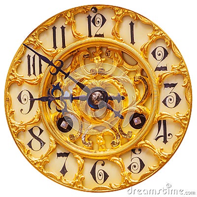 Rich decorated golden clock face isolated on white Stock Photo