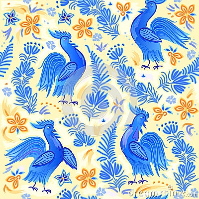 Rich decorated seamless pattern. Fantastic ornament with French folk painted cock. Floral motifs. Ethnic print for fabric, Vector Illustration