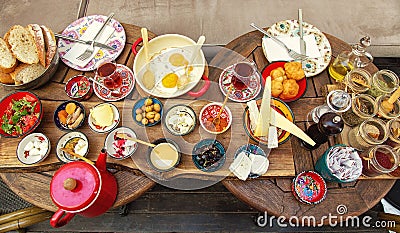 Rich and delicious Turkish breakfast on a round table Stock Photo