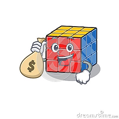 Rich and famous rubic cube cartoon character holding money bag Vector Illustration