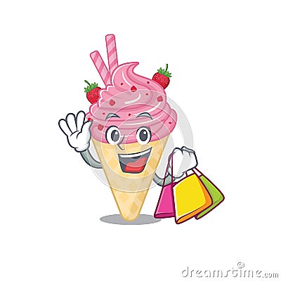 Rich and famous strawberry ice cream cartoon character holding shopping bags Vector Illustration