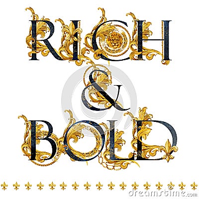 Rich and Gold. vintage gold damask curl script. love text. Stock Photo