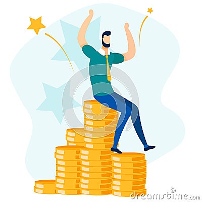 Rich Happy Businessman Sitting on Gold Coin Stack Vector Illustration