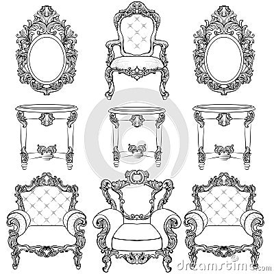 Rich Imperial Baroque Rococo furniture and frames set. French Luxury carved ornaments. Vector Victorian exquisite Style Vector Illustration