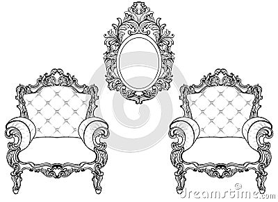 Rich Imperial Baroque Rococo furniture and frames set. French Luxury carved ornaments. Vector Victorian exquisite Style Vector Illustration