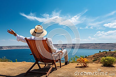 rich man lies in a sun lounger overlooking the sea. Generative AI Stock Photo