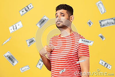 This is rich man. Portrait of arrogant self-confident man pointing at chest, looking proud and Stock Photo