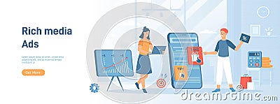 Rich Media Ads. Digital advertising. Interactive animation on the phone screen, Active pop-up banner. Vector Illustration