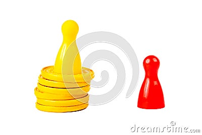 The rich with the money and the poor standing beneath abstract concept, nobody Game pieces symbolic, money and poverty social Stock Photo
