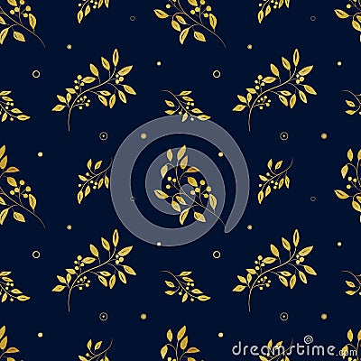 Rich Pattern with Golden Branch. Seamless natural pattern on a dark background. Wedding holiday illustration. Design for Cartoon Illustration