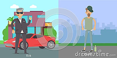 Rich Pauper Men. Difference Between Social Levels Vector Illustration