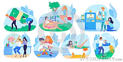 Rich people bathing in money, millionaire cartoon character, set of funny concepts, vector illustration Vector Illustration