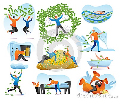 Rich people characters, wealth, businessman with money set of cartoon vector illustrations. Man bathing in money, happy Vector Illustration