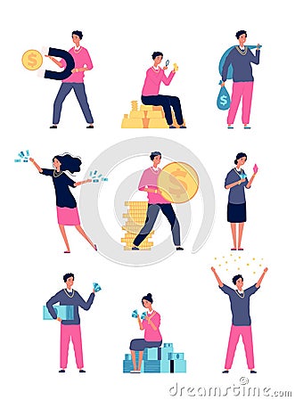Rich people. Happy people with a lot of money luxury lifestyle millionaire characters vector set Vector Illustration