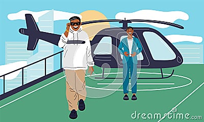 Rich people. Millionaire gets out of private helicopter. Security support. Luxury lifestyle. Wealthy relax life Vector Illustration