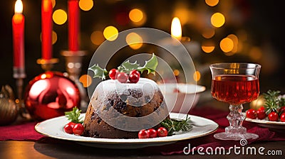 Rich plum pudding on the holiday table Stock Photo