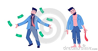 Rich and poor man. Joyful businessman throwing green cash and beggar Vector Illustration